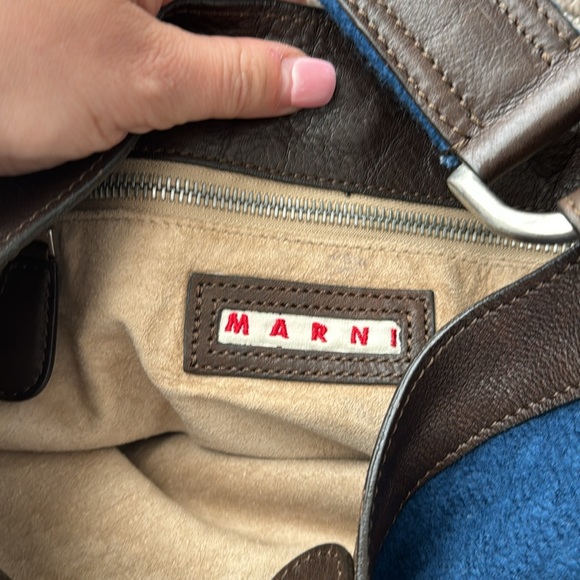 Vintage Marni Blue Wool w/ Brown Leather Trim Shoulder Bag - Picture 9 of 11